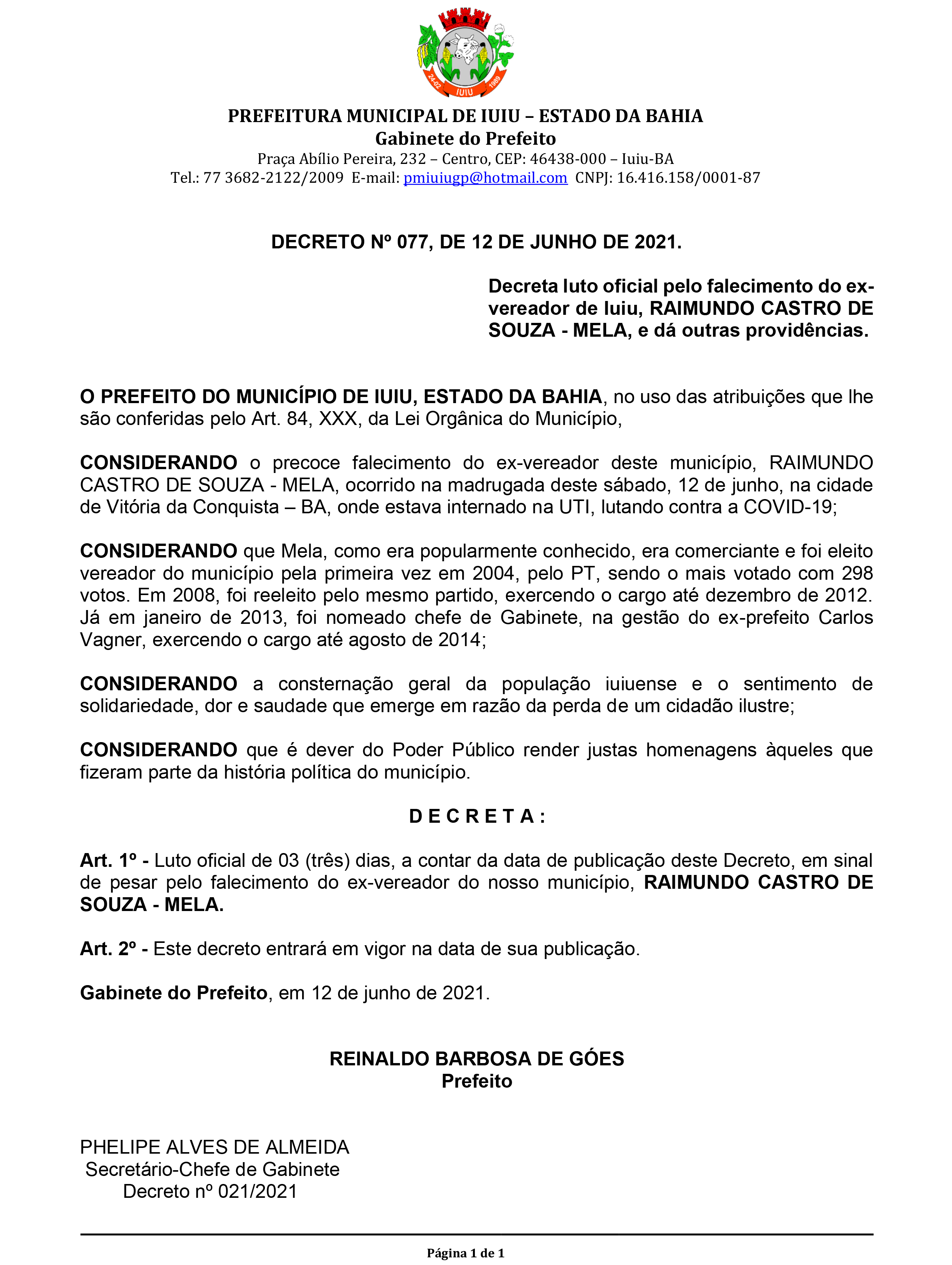 PREFEITO DECRETA LUTO OFICIAL DE TRÊS DIAS EM SINAL DE PESAR PELO FALECIMENTO DO EX-VEREADOR MELA