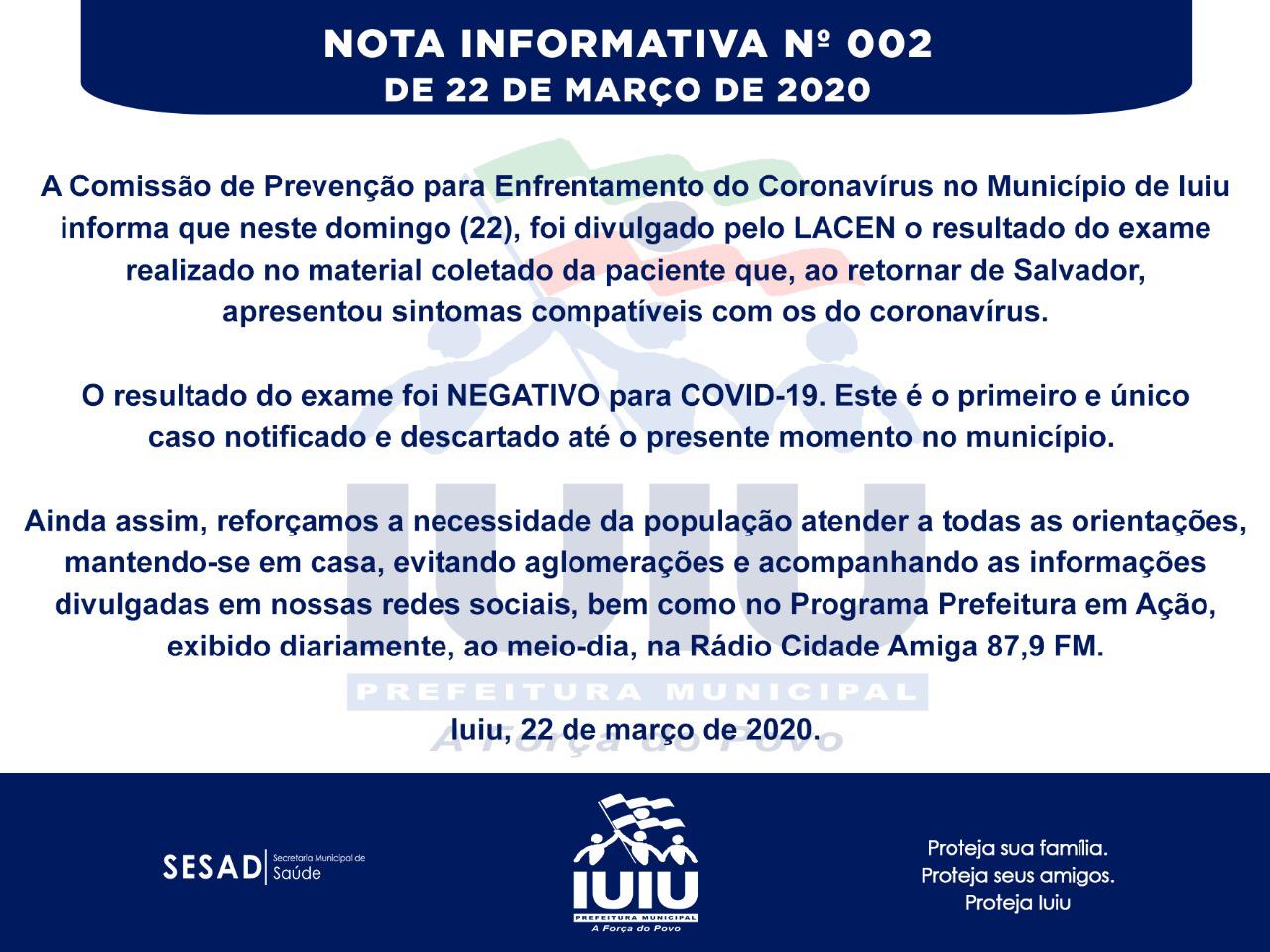 NOTA INFORMATIVA Nº 002, DE 22 DE MARÇO DE 2020